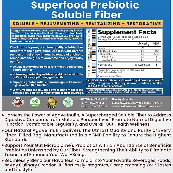 Inulin Powder (48oz/3 lbs) Gentle Agave Prebiotic Soluble Fiber Supplement for Digestive Support, Gut Health, Vegan Baking, Smoothies & Drinks