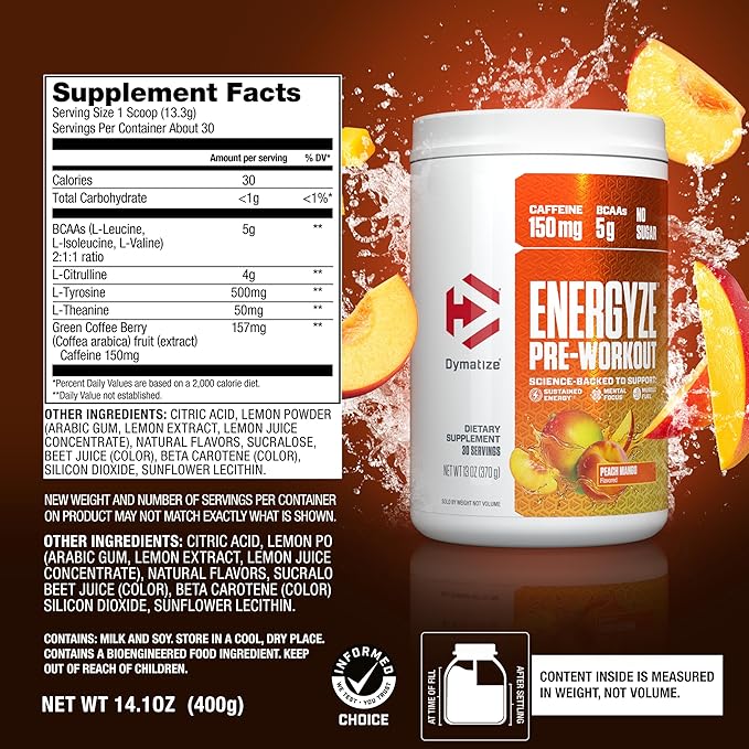 Dymatize Energyze Pre Workout Powder for Men and Women, Peach Mango Flavor, 150mg Caffeine, 5g BCAAs, Performance Blend of L-Theanine, L-Tyrosine, L-Citrulline, No Sugar, 30 Servings