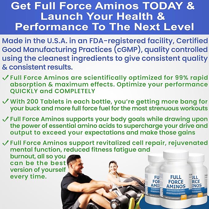 Full Force Amino Acid Supplement, Tissue Building Essential Amino Acids for Workout Recovery. Amino Acids for Performance 5000mg 200 EAA BCAA Tablets