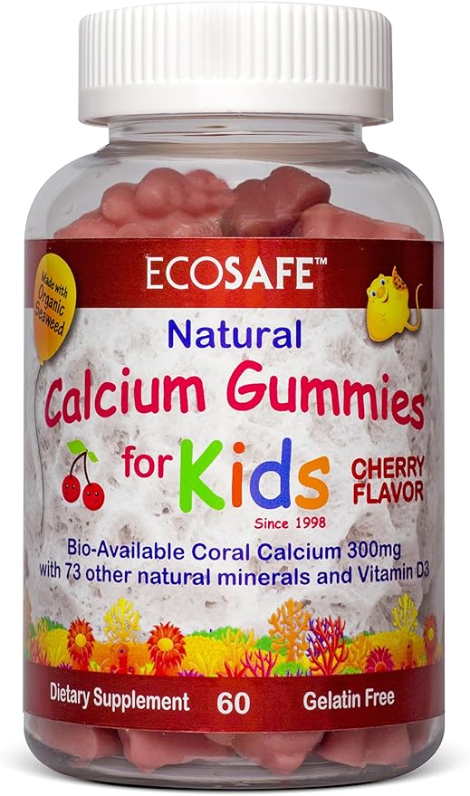 Coral Calcium Vitamin D3 Kids Gummy, Natural Cherry Flavor, Non GMO, Gluten-Free, Dairy-Free, Soy-Free and Gelatin Free - 300 mg of Calcium, and 800 IU of Vitamin D3-60 Gummies (1 Pack)