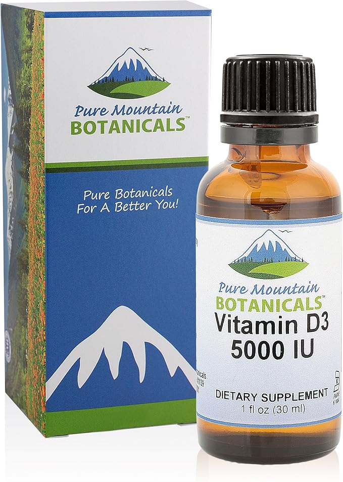 Pure Mountain Botanicals Liquid Vitamin D Drops - Unflavored Kosher D3 Liquid Drops in MCT Oil - 5000IU per Serving - 1oz Bottle