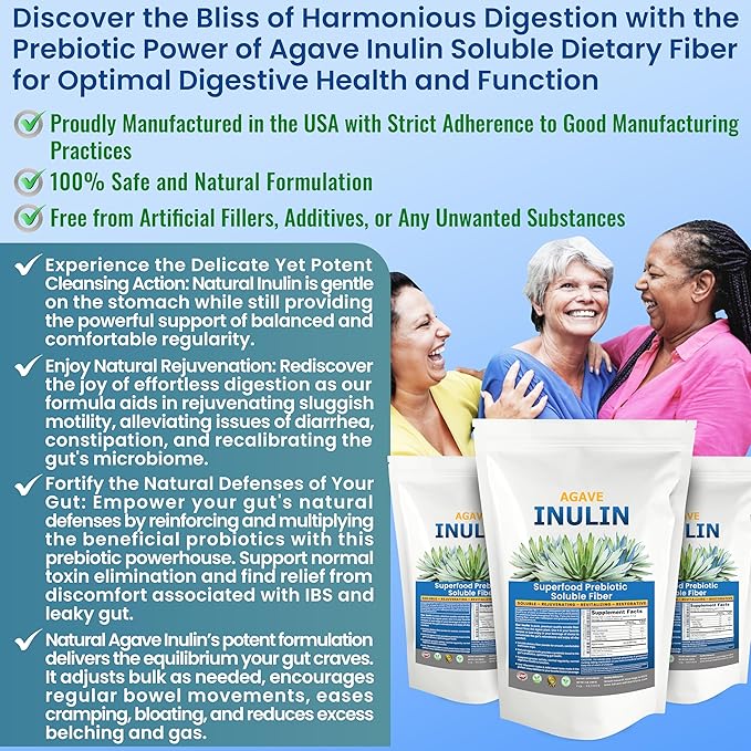 Inulin Powder (48oz/3 lbs) Gentle Agave Prebiotic Soluble Fiber Supplement for Digestive Support, Gut Health, Vegan Baking, Smoothies & Drinks