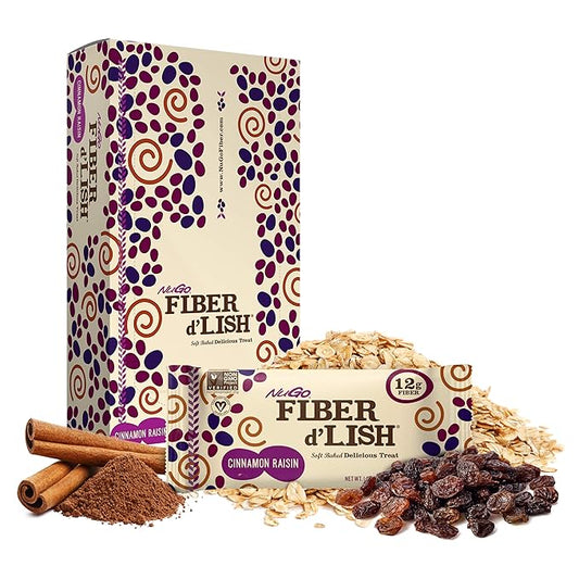 NuGO Fiber d'Lish Cinnamon Raisin, 12g High Fiber, Vegan, 150 Calories, 1.6 Ounce , 16 Count(Pack of 1)