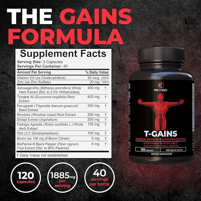 Anabolic Booster & Muscle Builder for Men, Total GAINS Muscle Growth & Estrogen Blocker for Men, Ashwagandha Shilajit for Men, Fadogia Agrestis Tongkat Ali for Men, HGH Supplements for Men, 120 Count