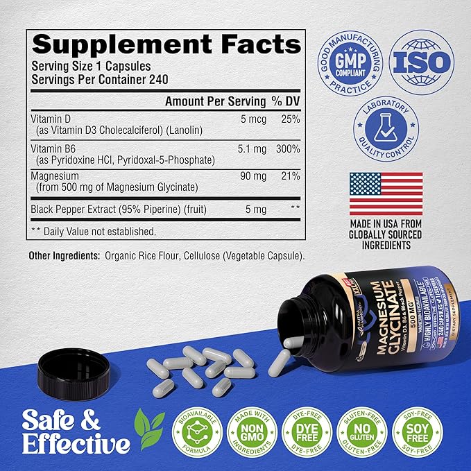 Magnesium Glycinate 500 mg - Chelated Supplement - with Vitamin B6 & D3 - High Absorption 98% - Support for Sleep, Muscle & Heart Health - Made in USA, Lab Tested & Non-GMO - 240 Capsules