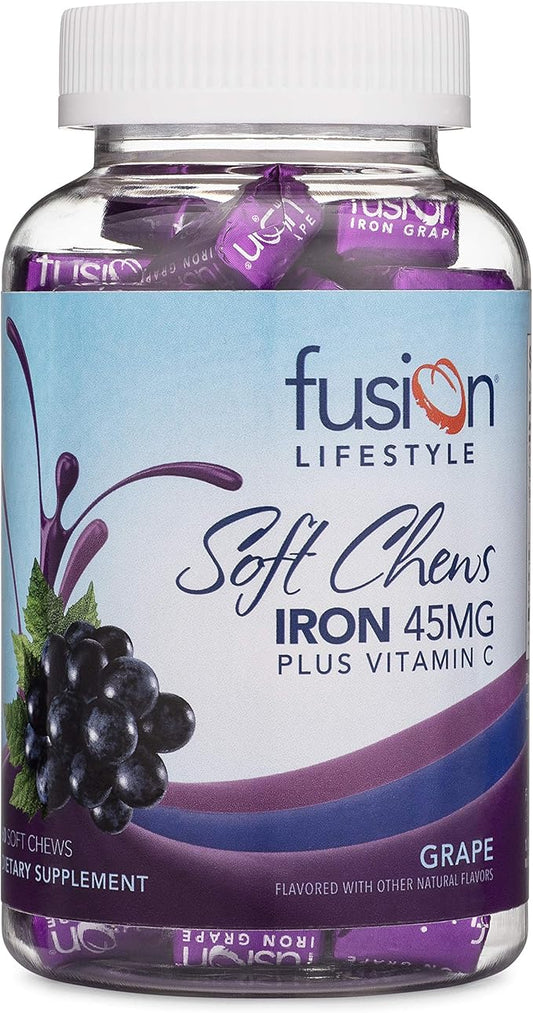 Iron Supplement for Women and Men, Grape Flavored Iron Soft Chew Plus Vitamin C for Iron Deficiency and Anemia, 2 Month Supply, 60 Count