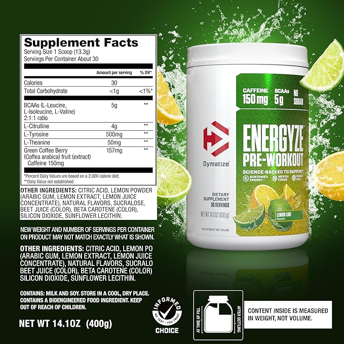 Dymatize Energyze Pre Workout Powder for Men and Women, Lemon Lime Flavor, 150mg Caffeine, 5g BCAAs, Performance Blend of L-Theanine, L-Tyrosine, L-Citrulline, No Sugar, 30 Servings