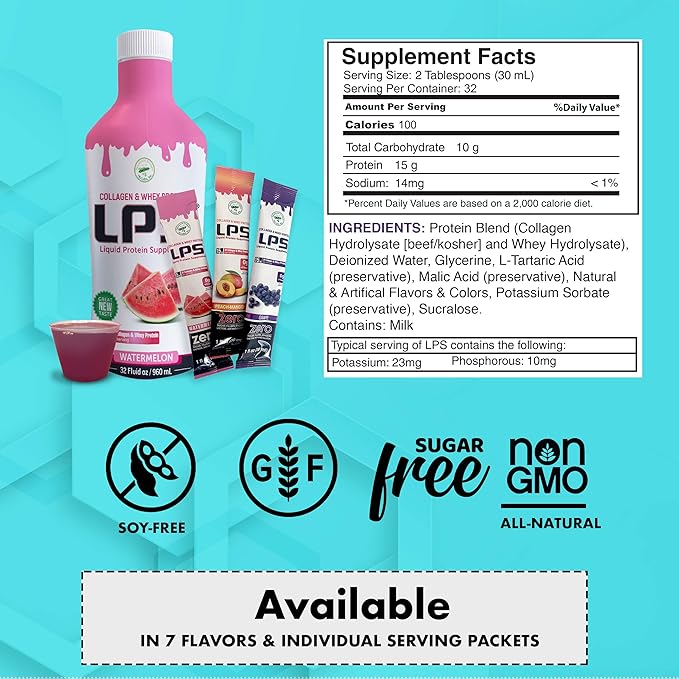 Nutritional Designs LPS Liquid Collagen & Whey Protein Supplement - Non-GMO Drink, Sugar-Free - Promotes Healthy Skin & Hair for Men & Women, Watermelon, Single Serve (50 Packets)