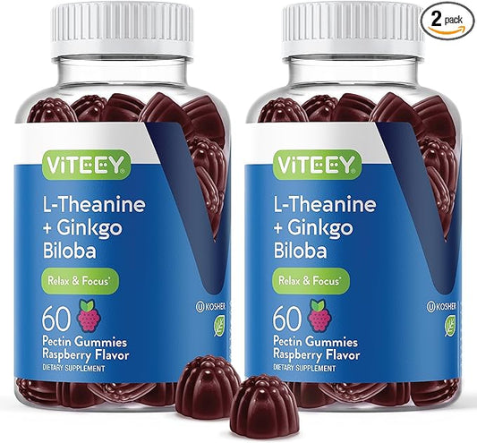 L-Theanine Gummies with Ginkgo Biloba for Adults - aids in Focus & Relax, Improve Mood - Non GMO, Gelatin Free, Vegan, Gluten Free, Naturally Sourced Chewable Tasty Raspberry Flavored Gummy