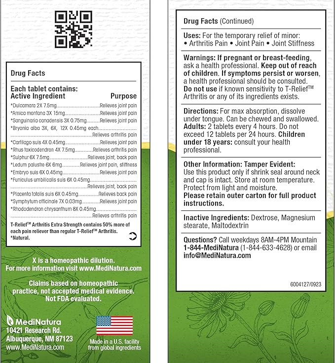 T-Relief Extra Strength Arthritis Pain Reliever Arnica +12 Natural Medicines for Joint Soreness Stiffness Aches, Quick Dissolving Pain Relief for Women & Men - 100 Tablets