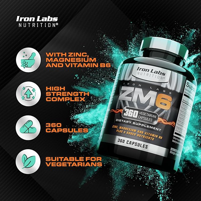 Iron Labs ZM6 - High Strength Zinc and Magnesium Supplement - 360 Vegetarian Capsules (6 Month Supply) - Super Enhanced Zinc Magnesium Aspartate and B6 Complex