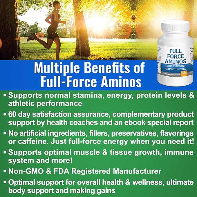 Full Force Amino Acid Supplement, Tissue Building Essential Amino Acids for Workout Recovery. Amino Acids for Performance 5000mg 200 EAA BCAA Tablets