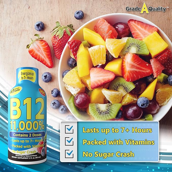 Vitamin Energy Shots, Mixed Berry Flavor, Up to 7+ Hours of Energy, 1.93 Fl Oz, 12 Count