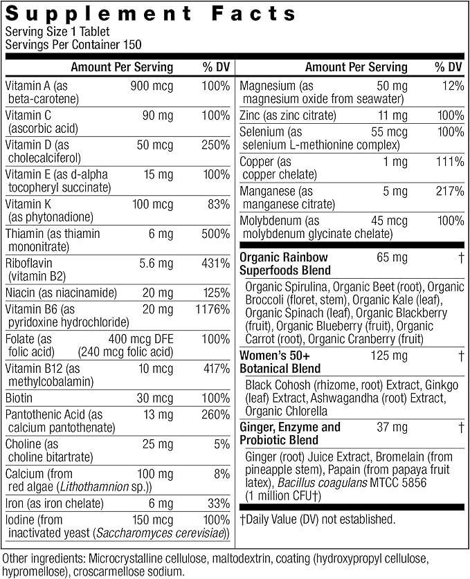 Rainbow Light Multivitamin for Women 50+, Vitamin C, D & Zinc, Probiotics, Women’s One 50+ Multivitamin Provides High Potency Immune Support, Non-GMO, Vegetarian, 150 Tablets