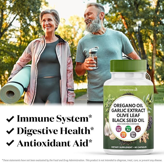 Oregano Oil 6000mg Garlic Extract 4000mg Olive Leaf 3000mg Black Seed Oil 3000mg Astragalus-Immune Support & Digestive Health Supplement for Women and Men- 60 Count