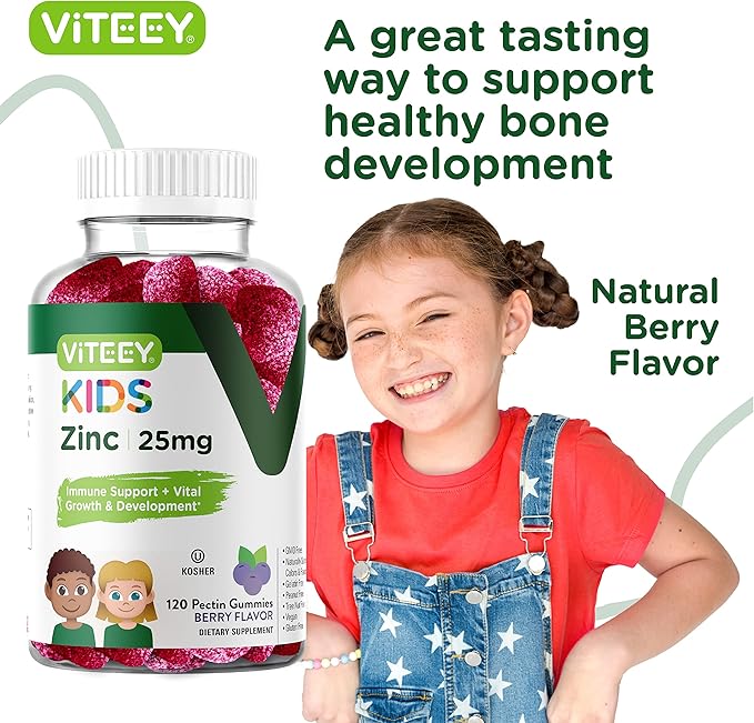 Zinc for Kids Gummies, 25mg - Immune Support for Kids & Teens - Powerful Natural Antioxidant, Kids Zinc Vitamin Supplement - Vegan, Gelatin Free, Gluten Free - Tasty Chewable Berry Flavor Gummy