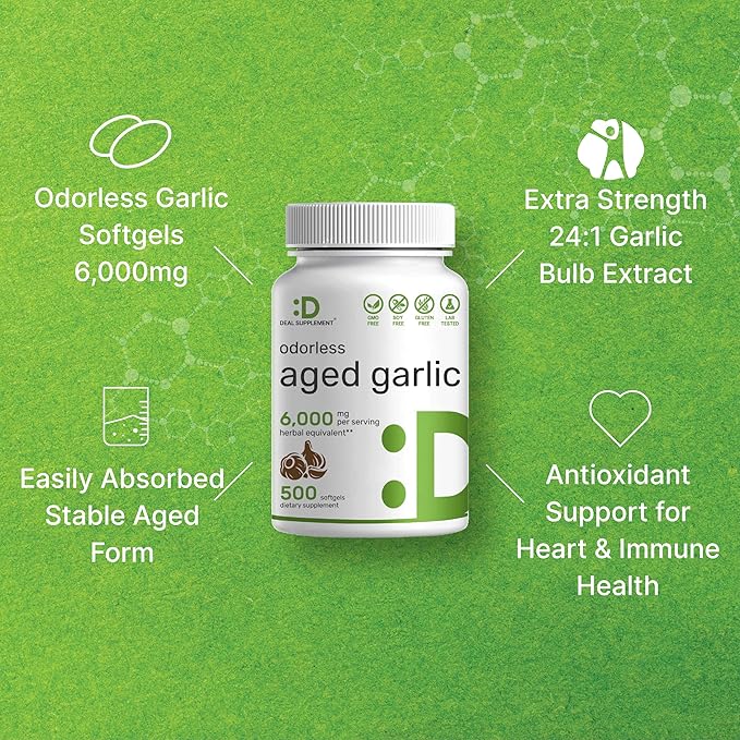 DEAL SUPPLEMENT Odorless Aged Garlic Pills, 6,000mg Per Serving, 500 Softgels – 24:1 Garlic Oil Extract – Fresh Allium Sativum Bulb Source – Heart & Immune Antioxidant Supplements – Non-GMO