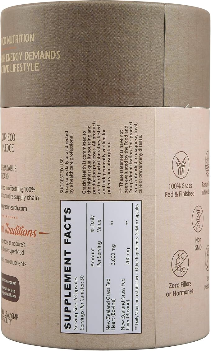 Grass Fed Bovine Heart: 3000 Mg Heart/ 200 Mg Liver/Serving (30 Servings)