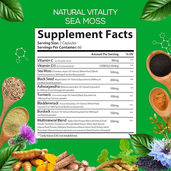 Sea Moss Black Seed Oil Ashwagandha Turmeric Bladderwrack & Burdock with Vitamin C & D3, Sambucus Elderberry, Apple Cider Vinegar and Dandelion Extract, 8 in 1 Supplement, 1400 mg