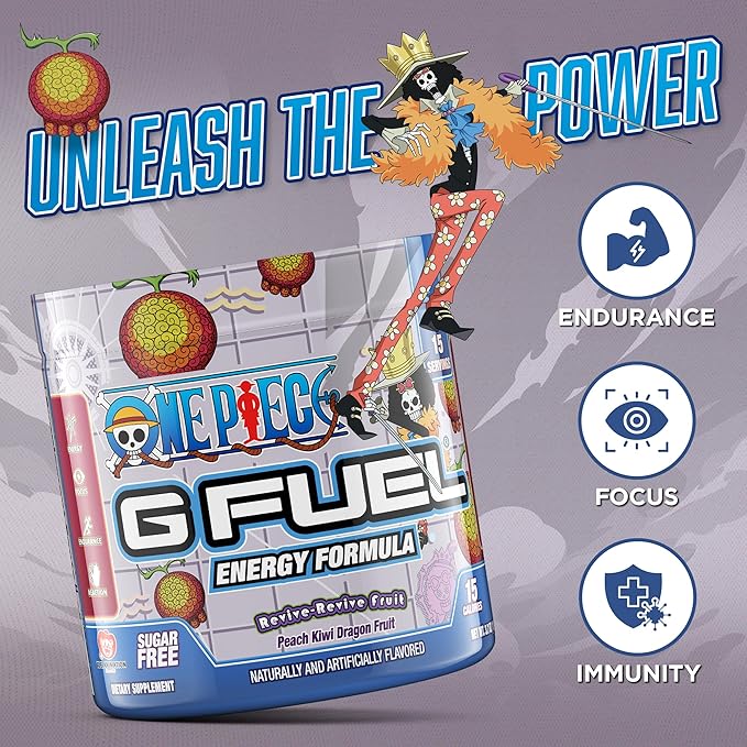 G Fuel ONE Piece Revive-Revive Energy Drink Powder, Pre Workout Caffeine Powder, Energy Powder Drink Mix for Gaming, Sugar Free Focus Amino + Antioxidants, 3.7oz (Peach Kiwi Dragon Fruit, 15 Servings)