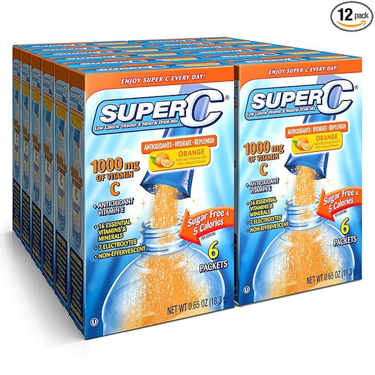 Super C Vitamin & Mineral Drink Mix, Orange, 6 CT Singles To Go, Pack Of 12 (72 Total Packets)