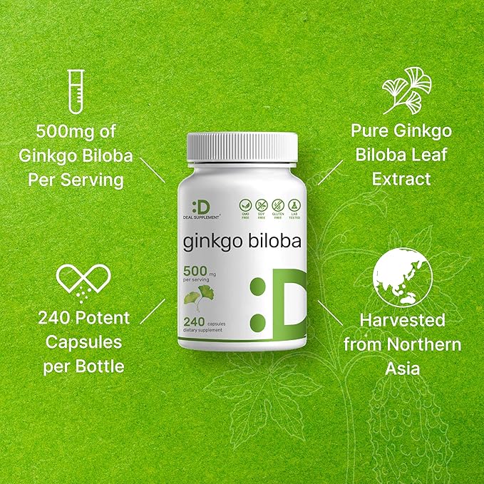 DEAL SUPPLEMENT Ginkgo Biloba 500mg Per Serving, 240 Capsules, 4 Month Supply – Grown in Northern Asia – Extra Strength, Promotes Brain Function